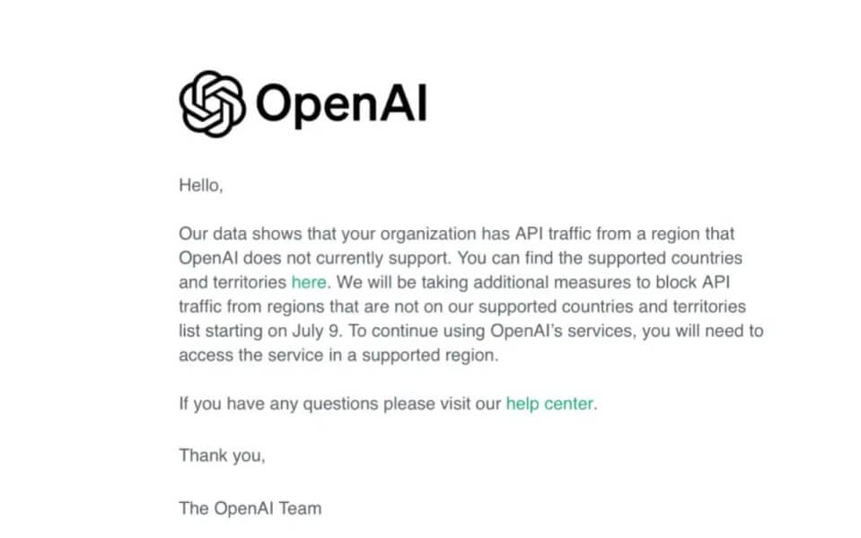 OpenAI 将停止对中国地区用户使用 ChatGPT 的API